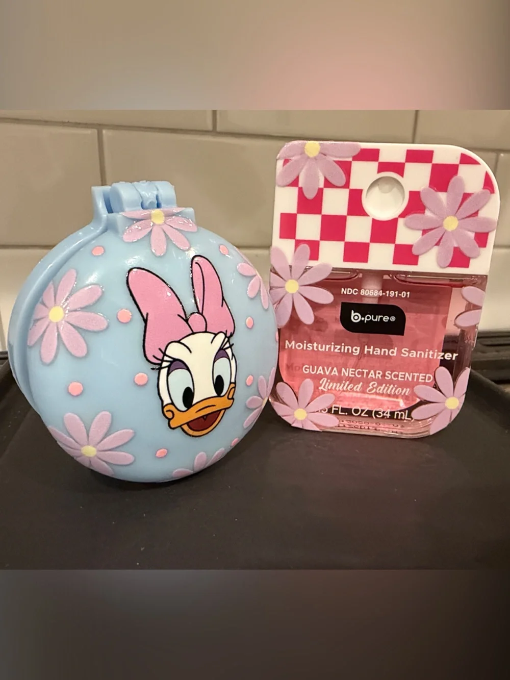 NEW Daisy Duck Blue Travel Hairbrush Compact and Pink Daisy Hand Sanitizer